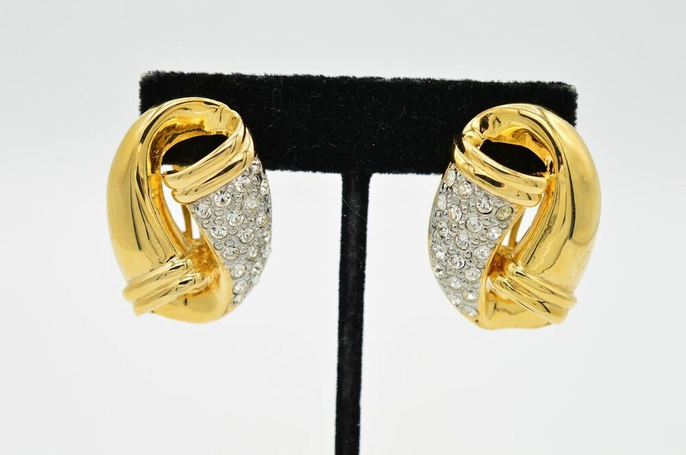 Vintage Crystal Knot Clip On Earrings Pave Rhinestone Chunky Gold Heavy 80s BinU